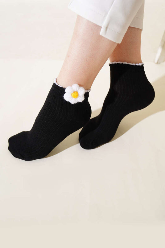 Bayan Papatyalı Soket Çorap Siyah