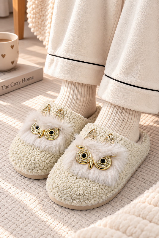 Chaussons Maison Peluche Motif Hibou Beige