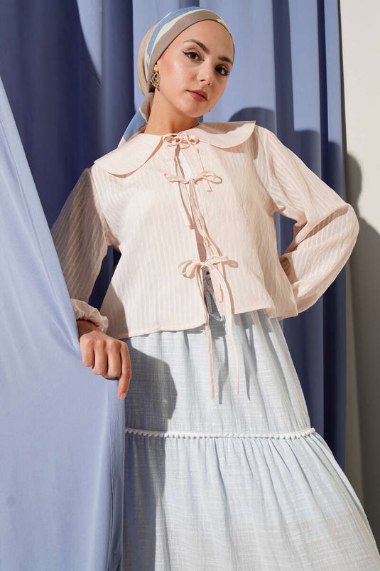 Bebe Yaka Bağlamalı Bluz Bej