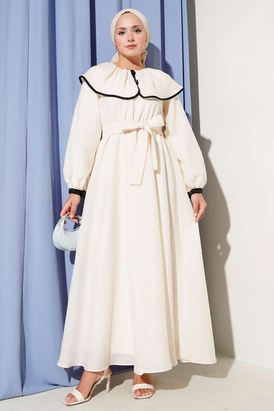 Bebe Yaka Bel Lastikli Elbise Bej