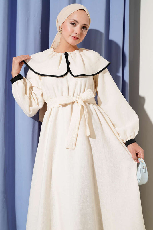 Bebe Yaka Bel Lastikli Elbise Bej