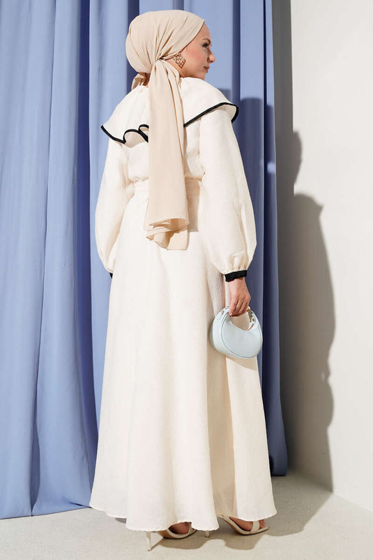 Bebe Yaka Bel Lastikli Elbise Bej