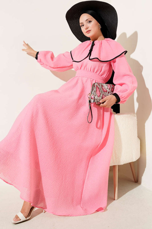 Bebe Yaka Bel Lastikli Elbise Pembe