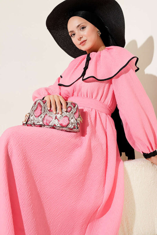 Bebe Yaka Bel Lastikli Elbise Pembe