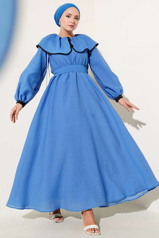 Bebe Yaka Bel Lastikli Elbise Saks