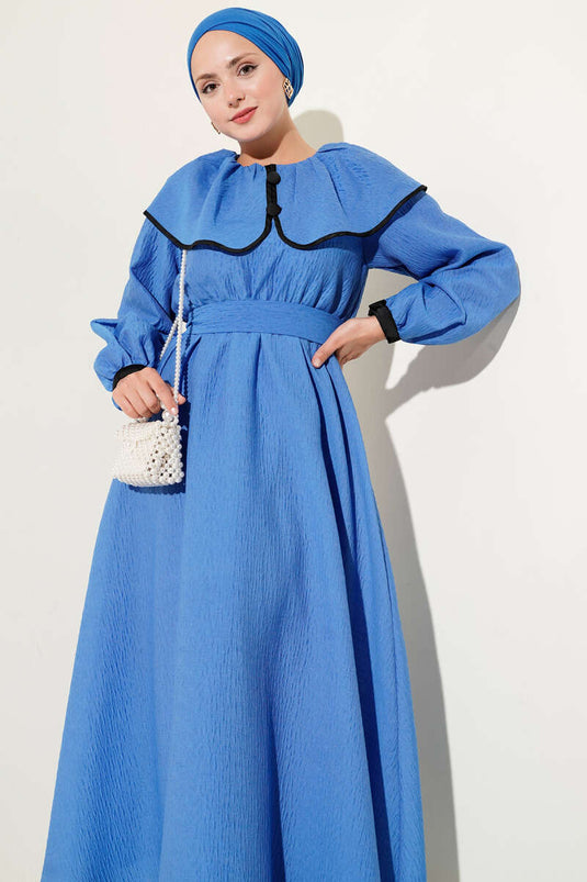 Bebe Yaka Bel Lastikli Elbise Saks