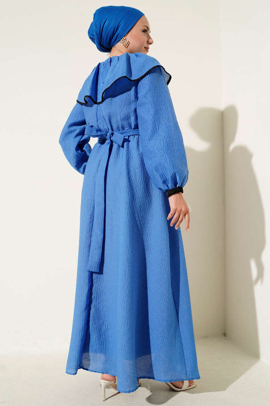 Bebe Yaka Bel Lastikli Elbise Saks