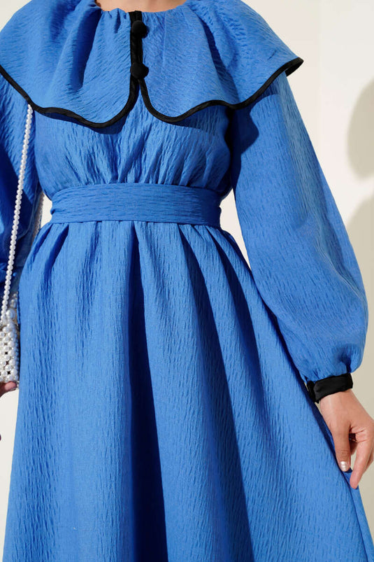 Bebe Yaka Bel Lastikli Elbise Saks