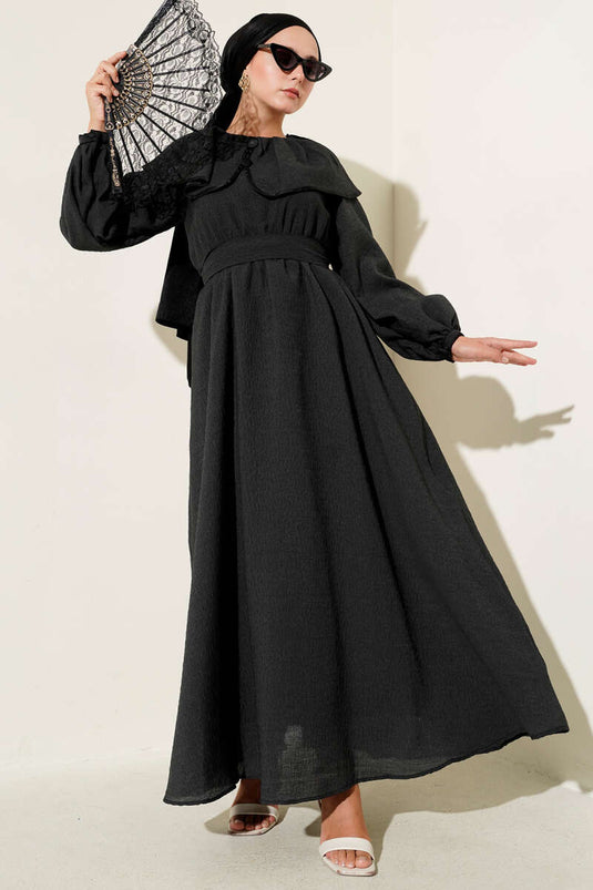 Bebe Yaka Bel Lastikli Elbise Siyah