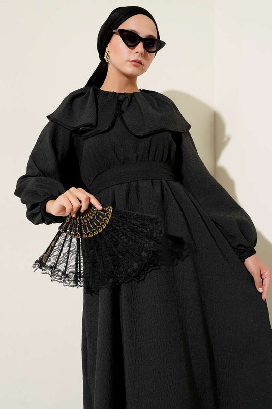 Bebe Yaka Bel Lastikli Elbise Siyah