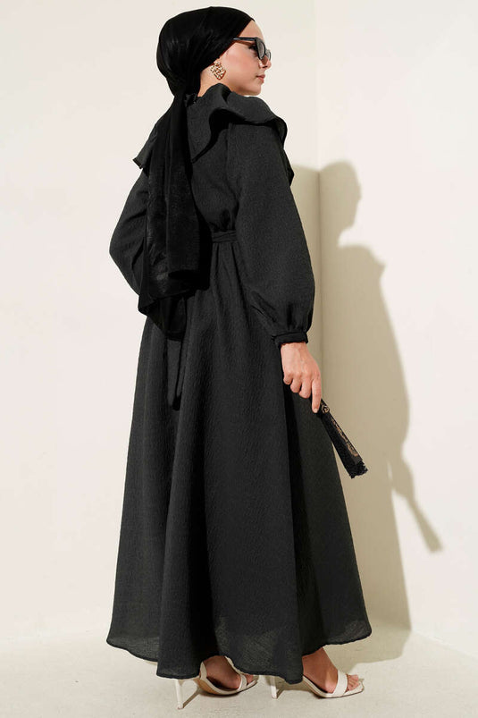 Bebe Yaka Bel Lastikli Elbise Siyah