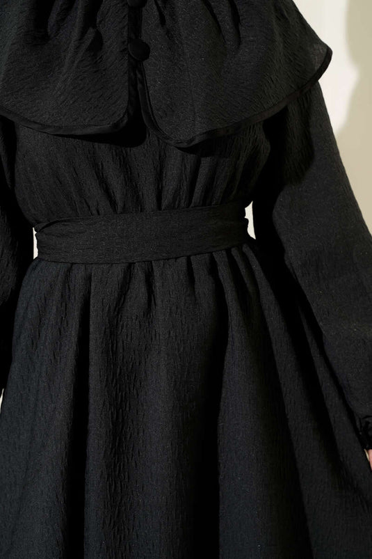 Bebe Yaka Bel Lastikli Elbise Siyah