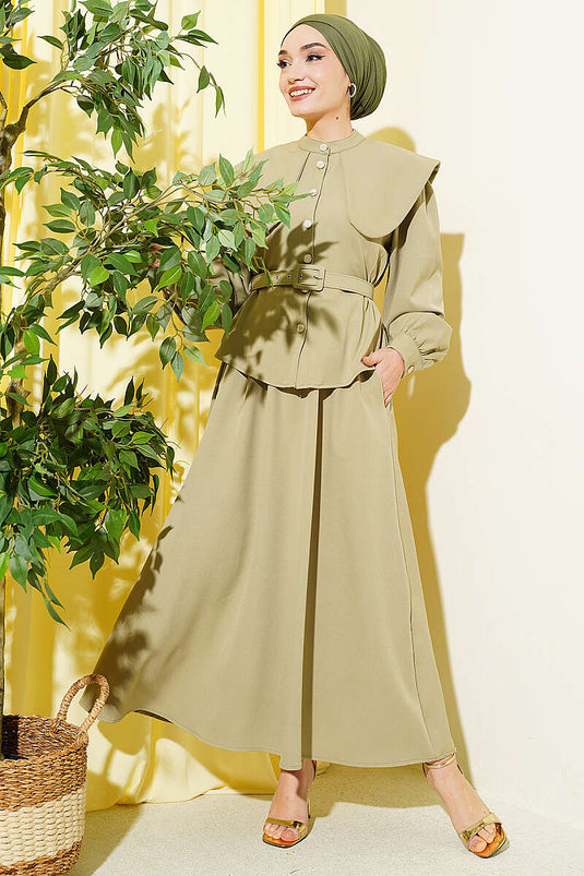 Baby Collar Elastic Waist Belted Skirt Set in Pistachio Green