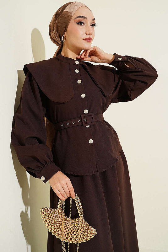 Baby Collar Elastic Waist Belted Skirt Set Brown
