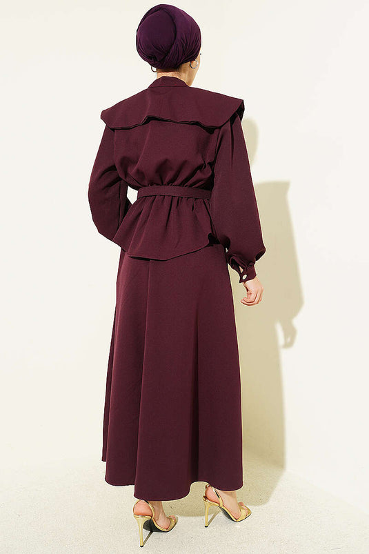 Baby Collar Elastic Waist Belted Skirt Set Burgundy