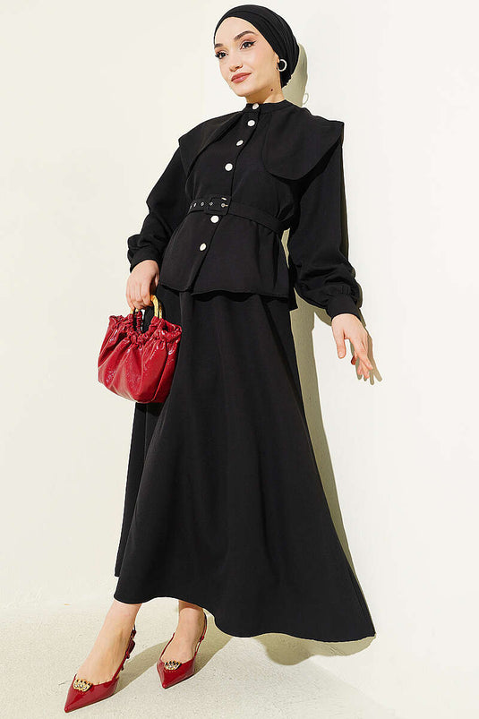Ensemble jupe avec ceinture élastique à la taille et col bébé, noir