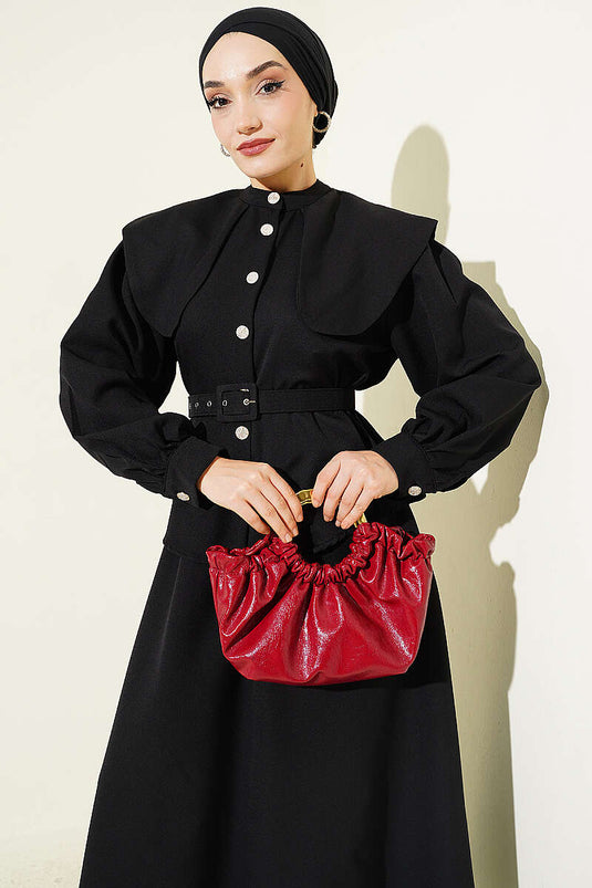 Baby Collar Elastic Waist Belted Skirt Set Black