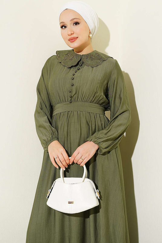 Kaki Dress With Bebe Collar And Elasticated Cuffs