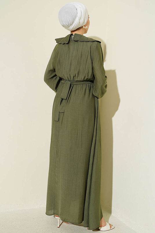 Kaki Dress With Bebe Collar And Elasticated Cuffs