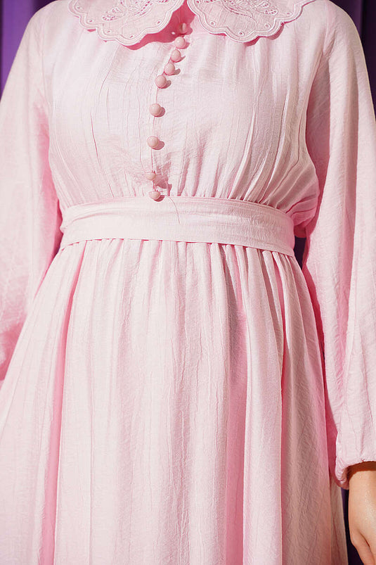 Bebe Yaka Bilek Lastikli Elbise Pembe