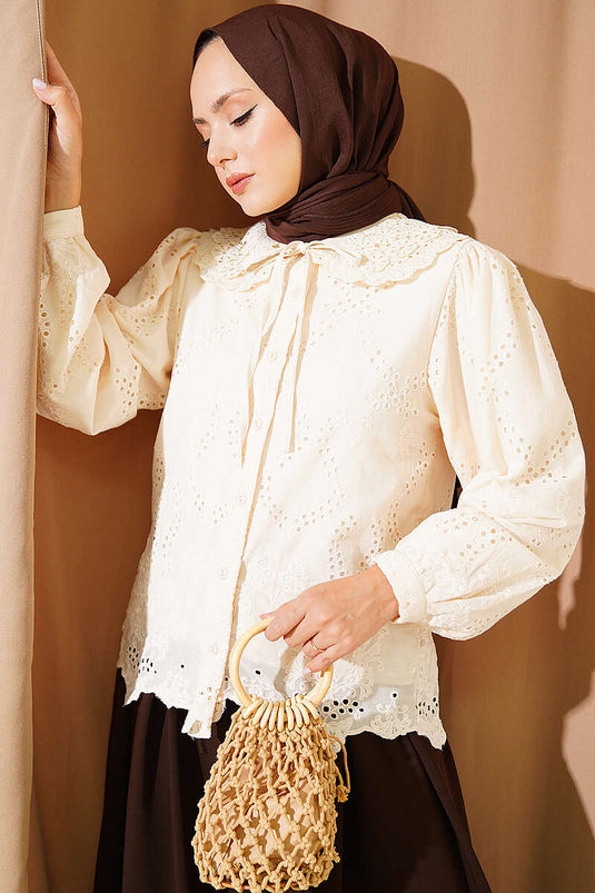 Camicia Beige Con Collo Bebe Ricamato