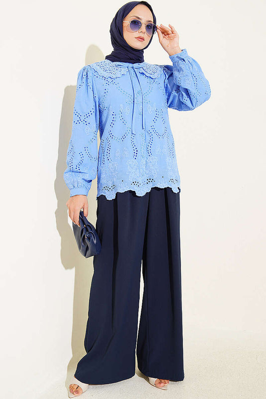 Baby Kraag Geborduurde Detail Shirt In Blauw