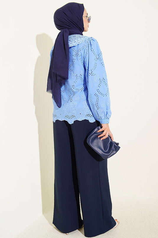 Baby Kraag Geborduurde Detail Shirt In Blauw