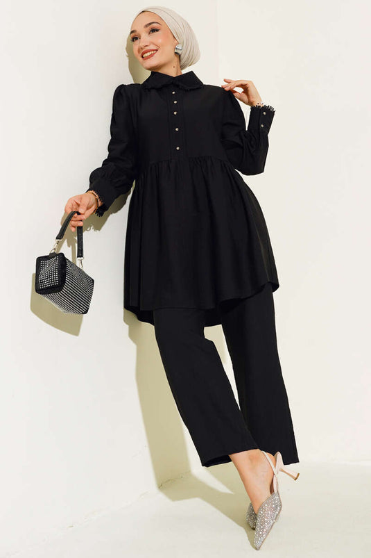 Baby Collar Lace Detailed Two-Piece Set Black