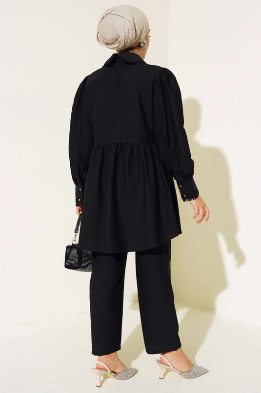 Baby Collar Lace Detailed Two-Piece Set Black