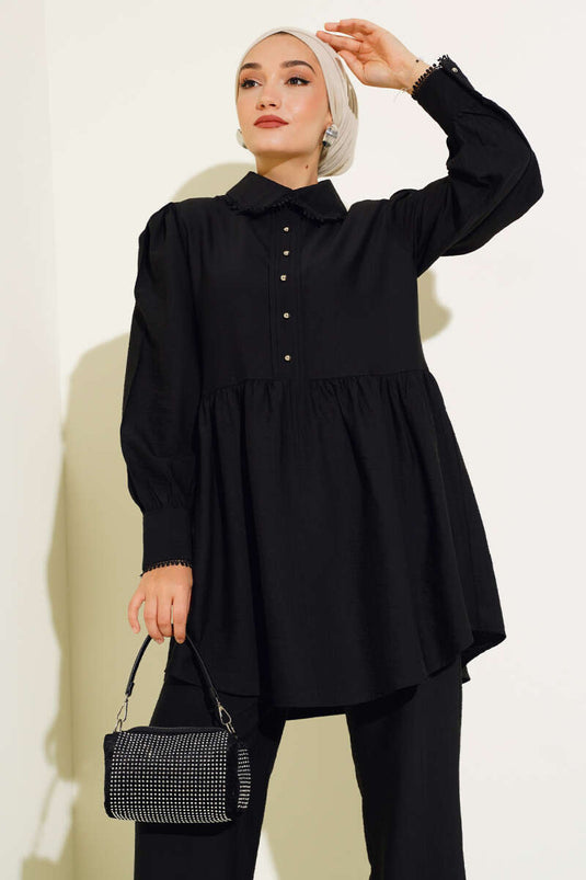 Baby Collar Lace Detailed Two-Piece Set Black