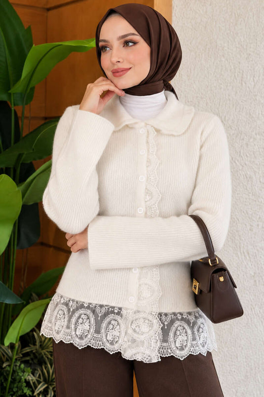Cardigan In Maglia Bianco Con Colletto Baby E Dettagli In Pizzo
