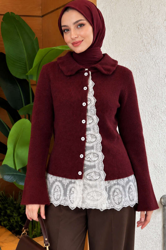 Cardigan In Maglia Con Colletto Bebè E Dettagli In Pizzo Bordeaux