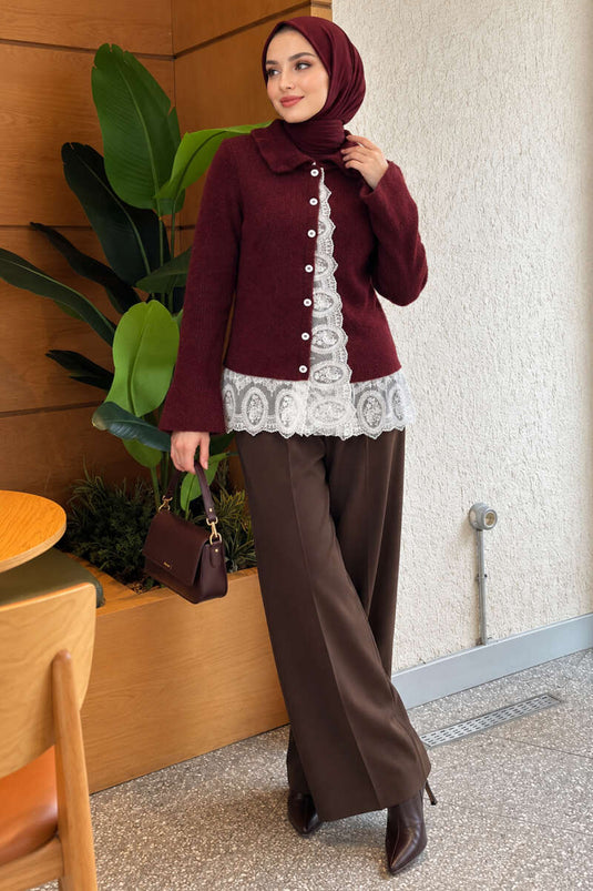 Cardigan In Maglia Con Colletto Bebè E Dettagli In Pizzo Bordeaux