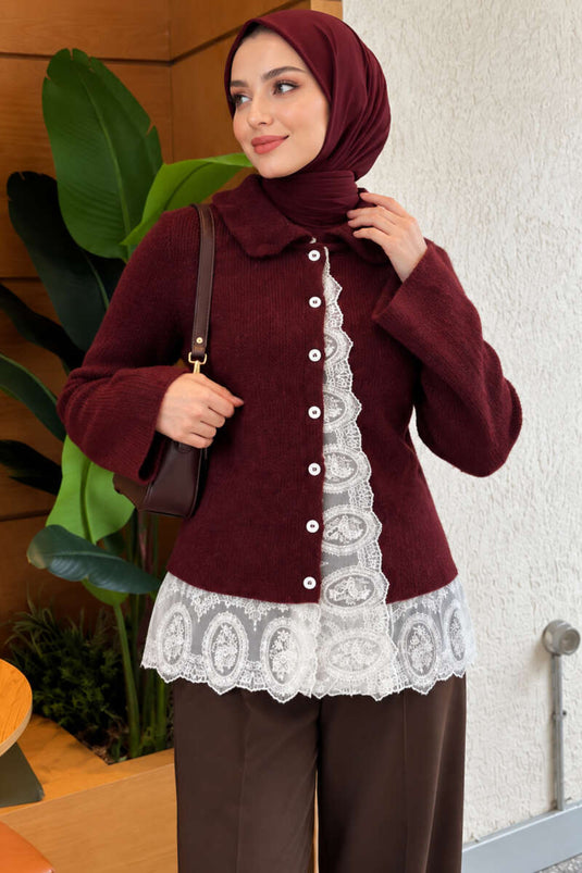 Cardigan In Maglia Con Colletto Bebè E Dettagli In Pizzo Bordeaux