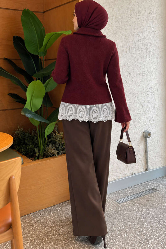 Cardigan In Maglia Con Colletto Bebè E Dettagli In Pizzo Bordeaux