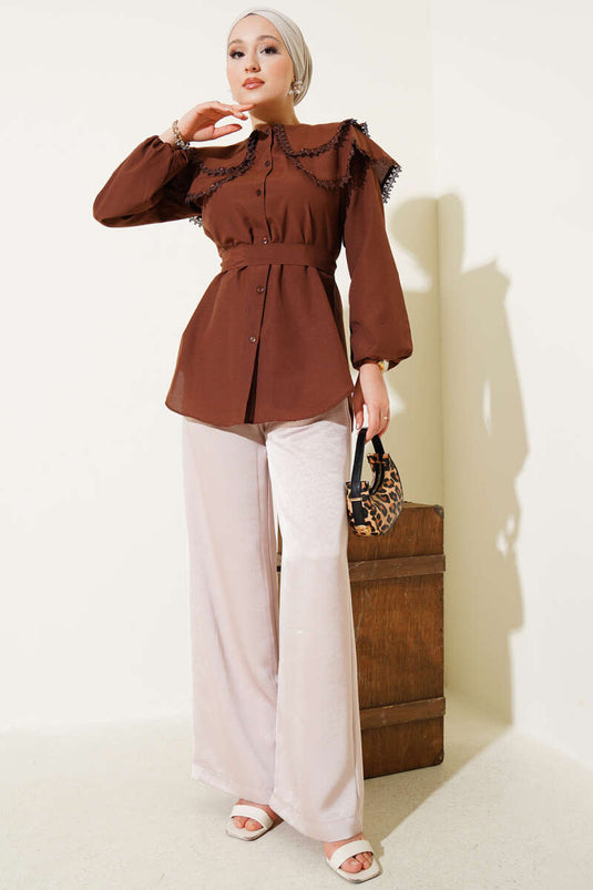 Bebe Yaka Dantelli Gömlek Kahve