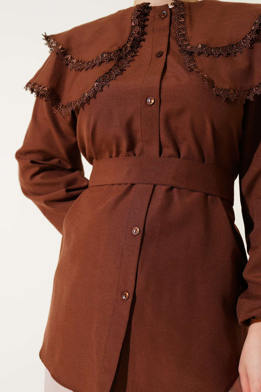 Bebe Yaka Dantelli Gömlek Kahve