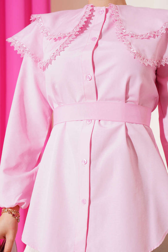 Bebe Yaka Dantelli Gömlek Pembe