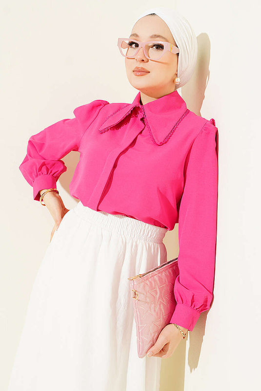Kurzarmhemd Mit Spitzenkragen In Fuchsia