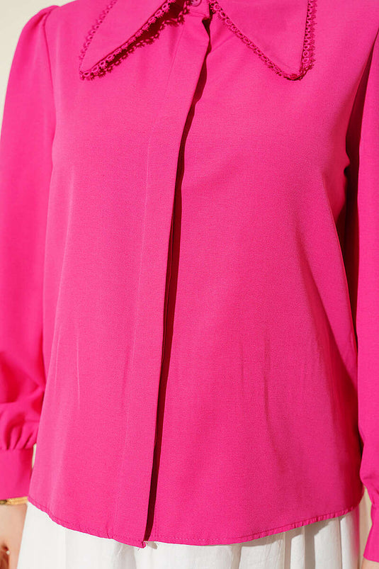 Kurzarmhemd Mit Spitzenkragen In Fuchsia