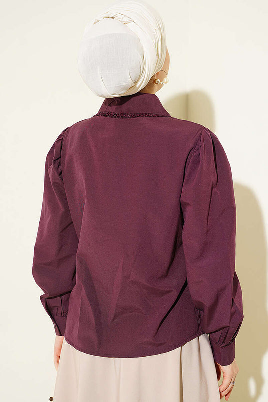 Chemise Courte En Mauve À Col Bébé En Dentelle