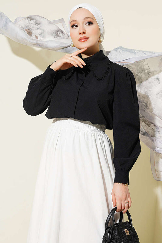 Black Short Shirt With Lace Collar