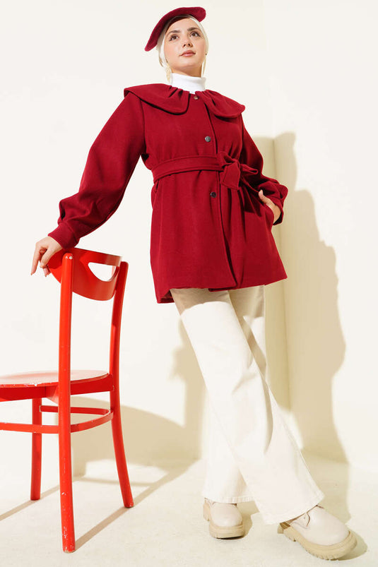 Bebe Yaka Detaylı Kaşe Kaban Bordo