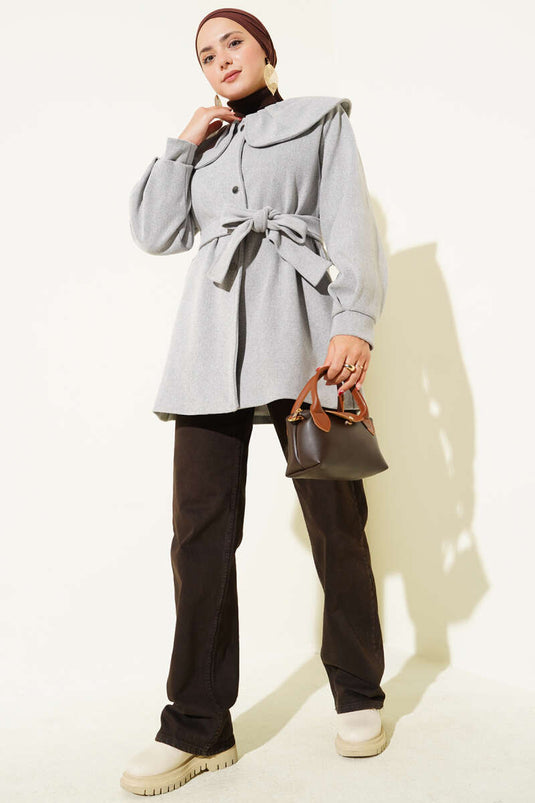 Bebe Yaka Detaylı Kaşe Kaban Gri