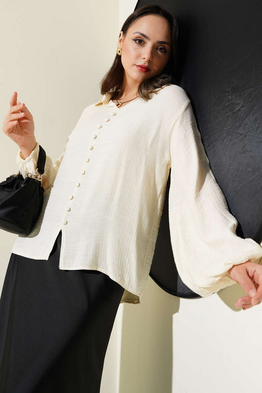 Bebe Yaka Düğme Detaylı Gofre Bluz Ekru