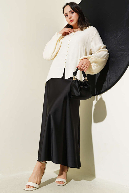 Bebe Yaka Düğme Detaylı Gofre Bluz Ekru