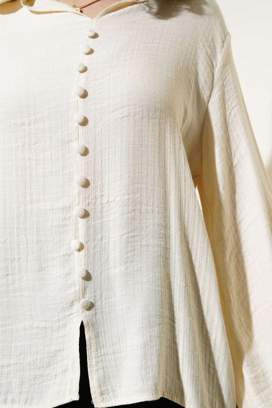 Bebe Yaka Düğme Detaylı Gofre Bluz Ekru