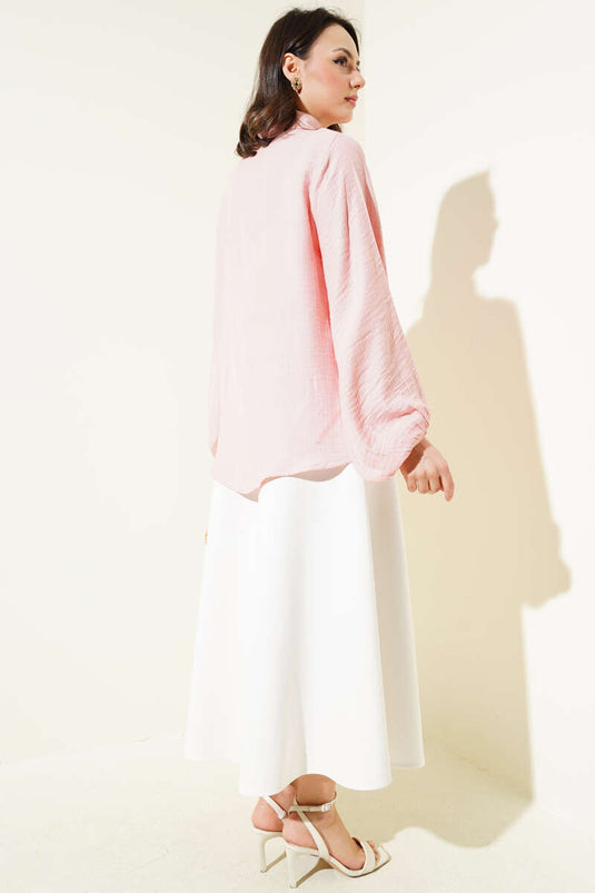 Bebe Yaka Düğme Detaylı Gofre Bluz Pembe