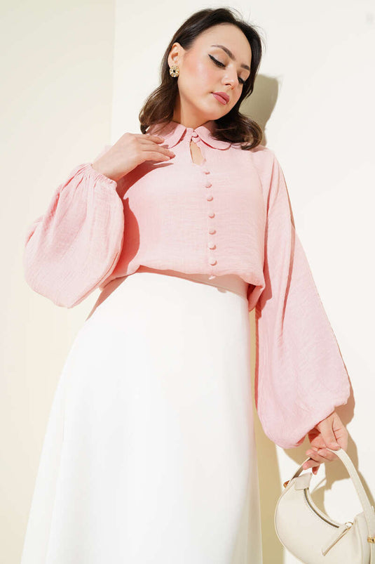 Bebe Yaka Düğme Detaylı Gofre Bluz Pembe