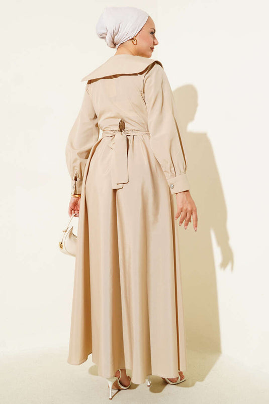 Bebe Yaka Düğme Fiyonklu Elbise Bej